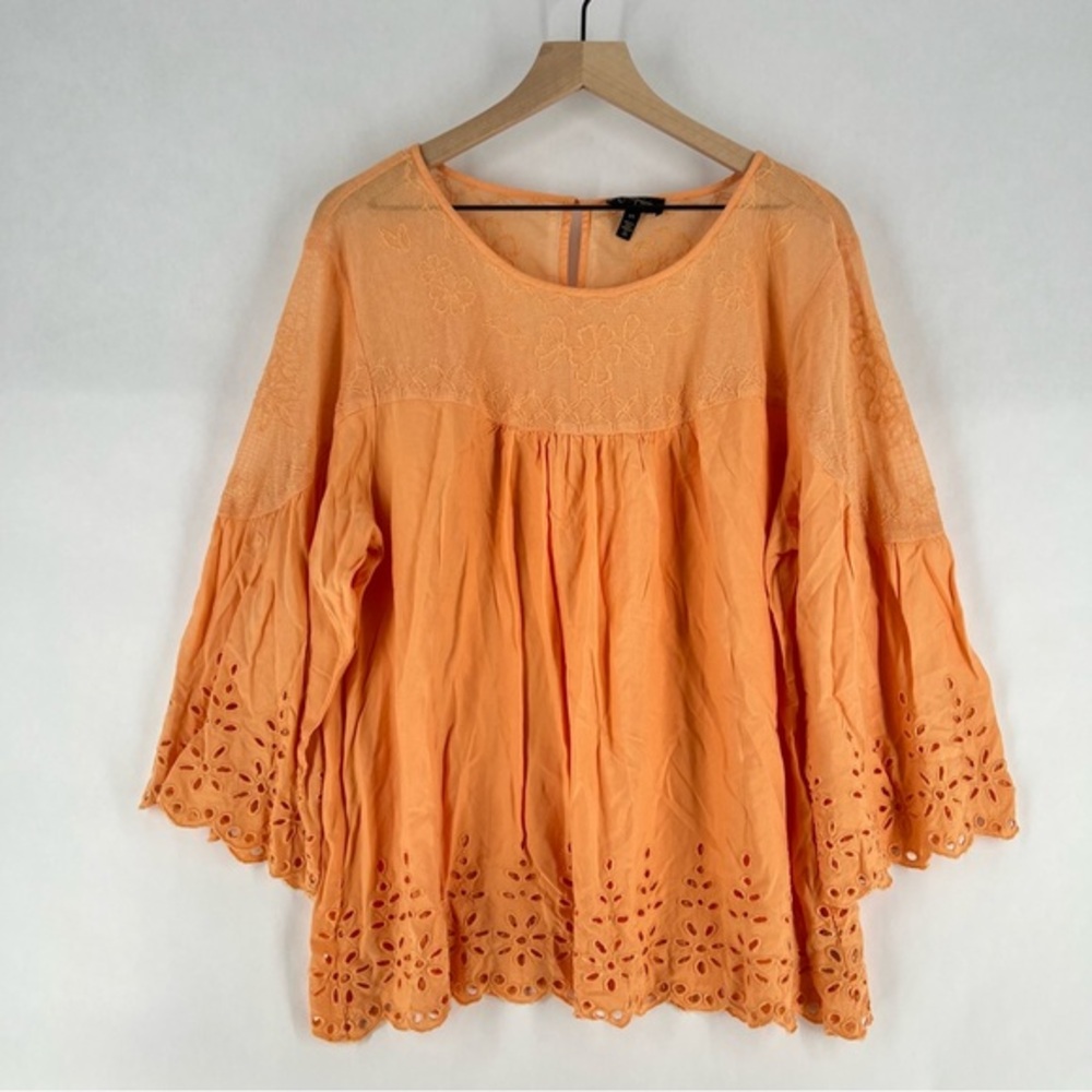 Jessica Simpson Lightweight Orange Mesh Lace Eyelet 3/4 Flare Sleeves Swing Top‎